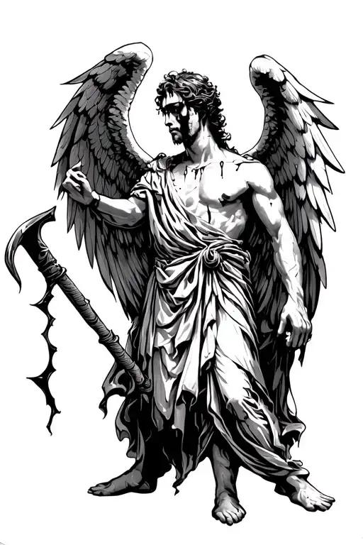 gaurdian angel (male) with a broken wing holding a crowbar with tears from the left eye  tattoo design idea