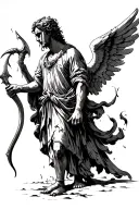 gaurdian angel (male) with a broken wing holding a crowbar with tears from the left eye  tattoo design idea