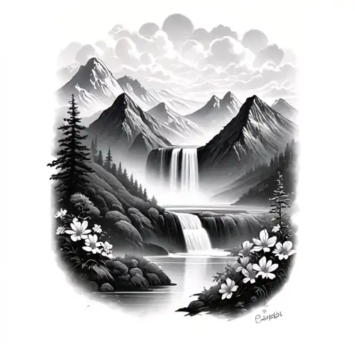 mountain peaks and big waterfall lush with flowers  tattoo design idea