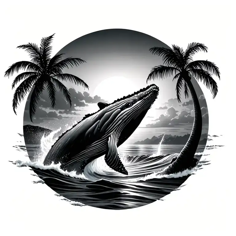 breaching humpback whale, coastline with palm's and sunset tattoo design idea