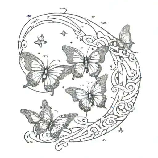 The tattoo features a flock of 3 or 4 butterflies flying towards a crescent moon. The butterflies have soft, flowing lin tattoo design idea