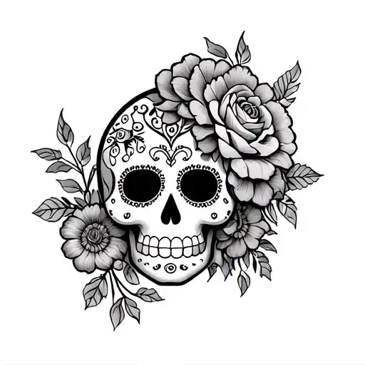 A Day of the Dead-inspired girly sugar skull with Asian-inspired floral elements, incorporating a classic rock elements  tattoo design idea