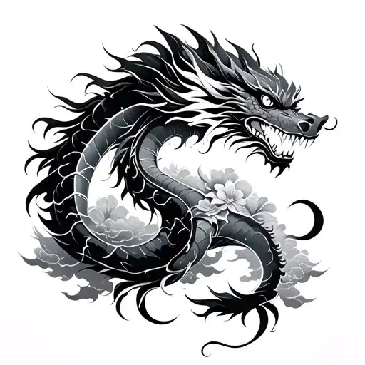 stencil blackout Japanese dragon and clouds with lighting and floral full sleeve  tattoo design idea