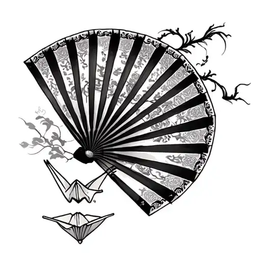  chinese style tattoo featuring a patterned fan, traditional lantern, paper crane with the fan as the main focus tattoo design idea