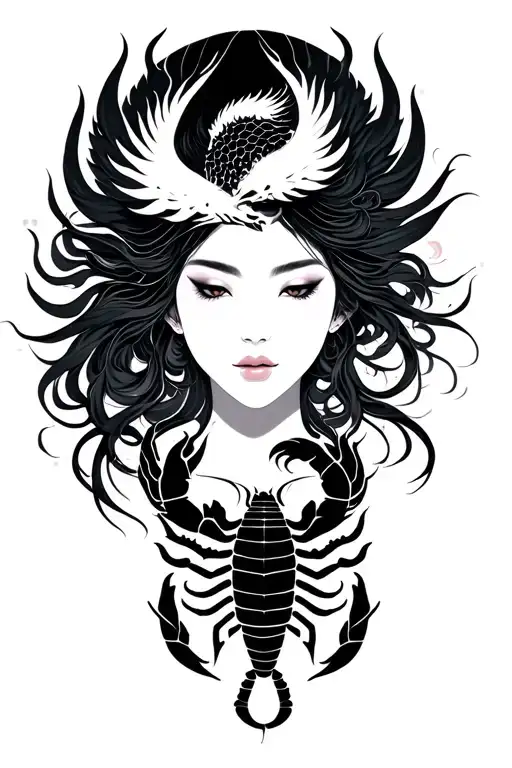 silouette of a woman’s face serene and powerful shape like a pheonix and dragon. A scorpion is shaping her breast tattoo design idea