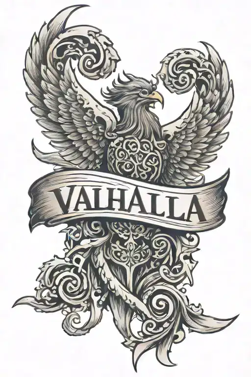 valhalla text on chest tattoo design idea