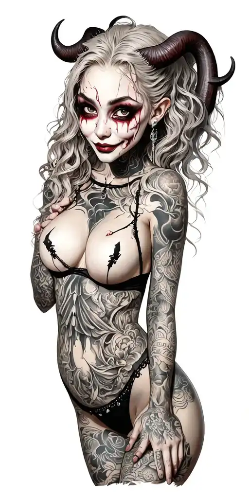 Sexy Pale Girl, petite, big boobs, wide hips, G-String. Messy hair, demonic horns, sexual. Seductive smile. Full Body tattoo design idea
