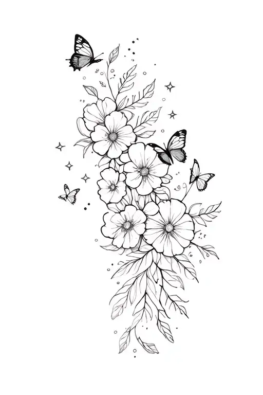 patchwork half sleeve for forearm with flowers, leaves and butterflies /twinkly stars.  tattoo design idea