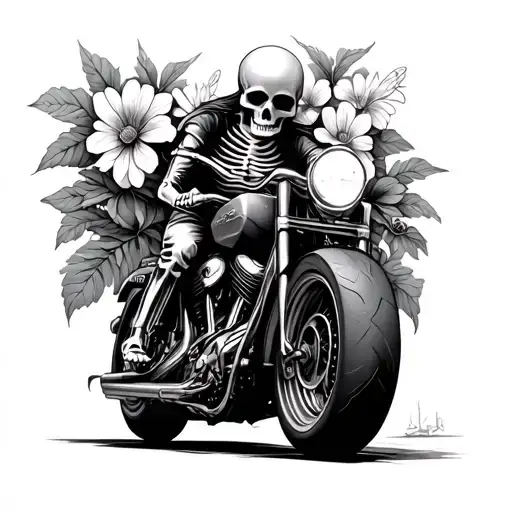 flowers growing skeleton riding motorcycle tattoo design idea