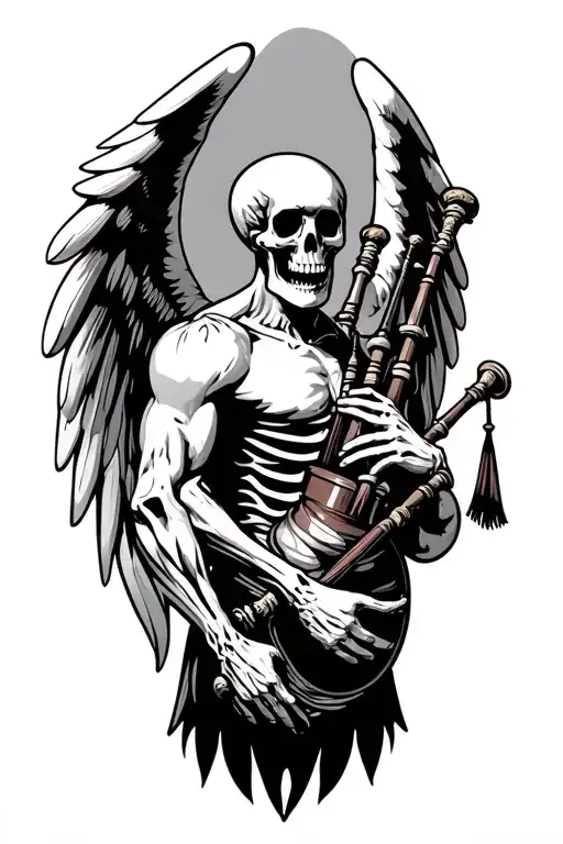 winged muscular skeleton playing bagpipes tattoo design idea