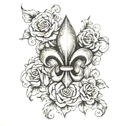 fleur de lis surrounded by roses in watercolor tattoo design idea