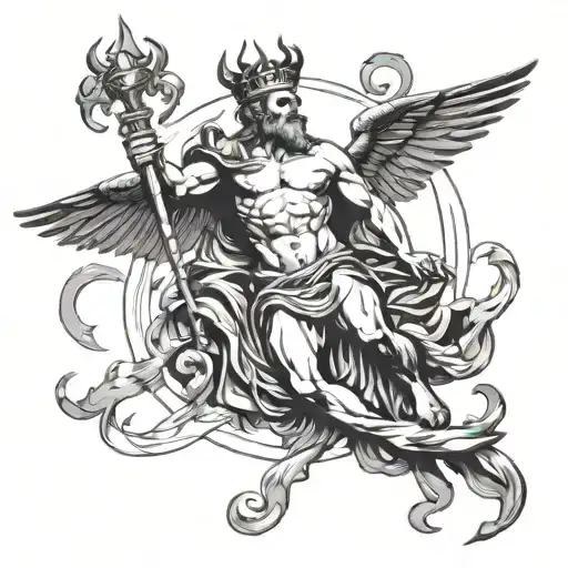 fine line art, Prometheus holding a torch, the symbols of alpha and omega and a laurel crown tattoo design idea