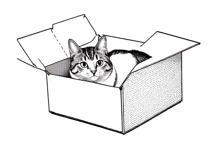 cat fully inside a box with open lid. the cat is dotted outline giving the illusion of seeing through the solid box tattoo design idea
