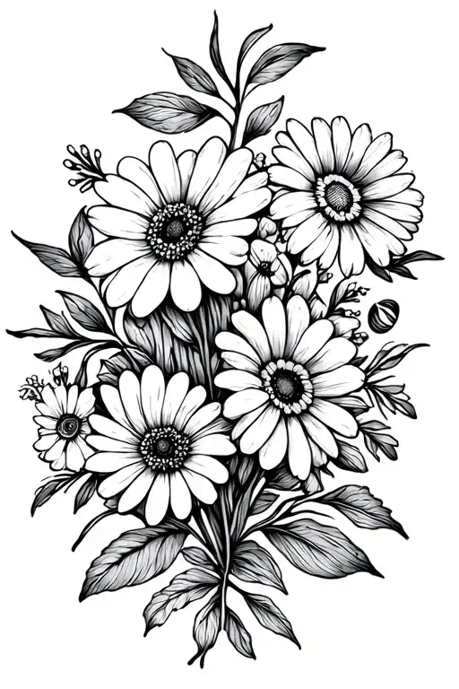 Simple fine line dainty tattoo of a bouquet made up of the January, March, July, and September birth flowers no colored  tattoo design idea