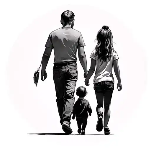 3 years and 13 year daughter with dad walking tattoo design idea