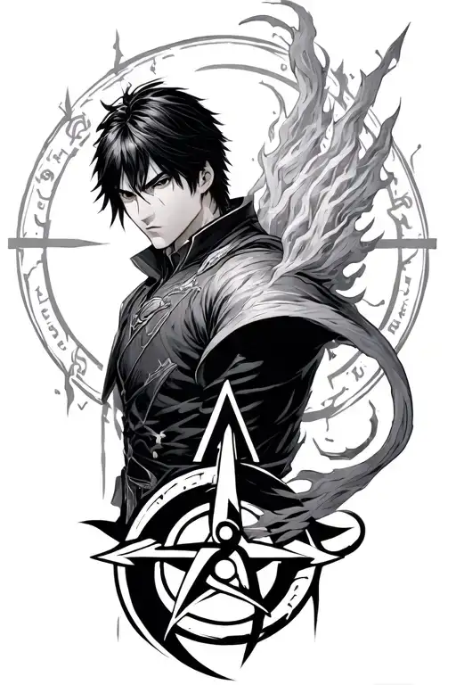 roy mustang with alchemist symbol intertwined tattoo design idea