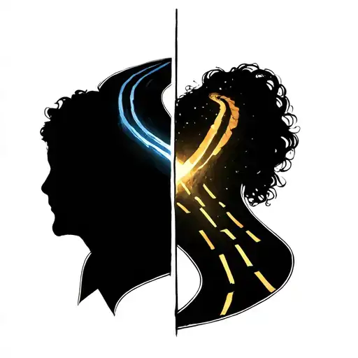 the crossroads of two roads where one side shows the emptiness of a person, and the other shows the love of life tattoo design idea