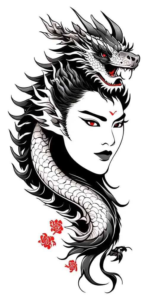 mountain and warrior and dragon tattoo design idea