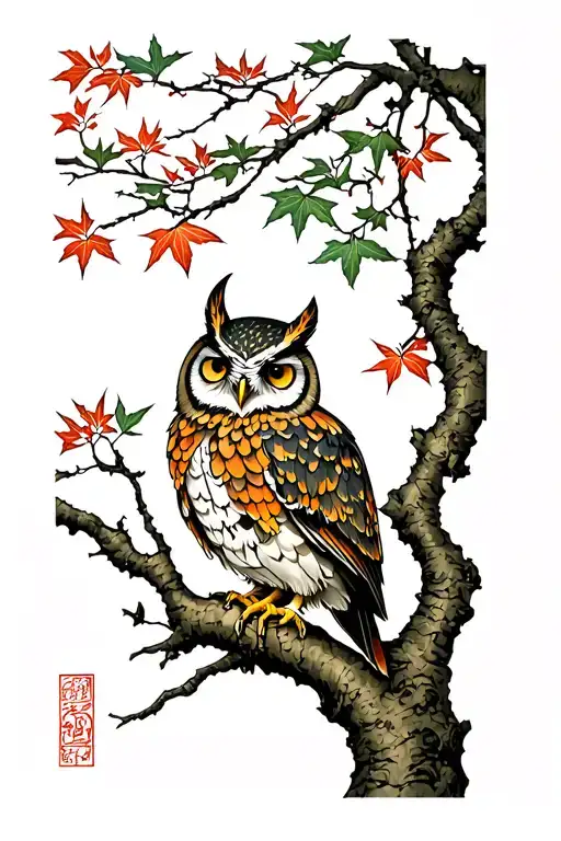 owl inside a japanese maple tree tattoo design idea