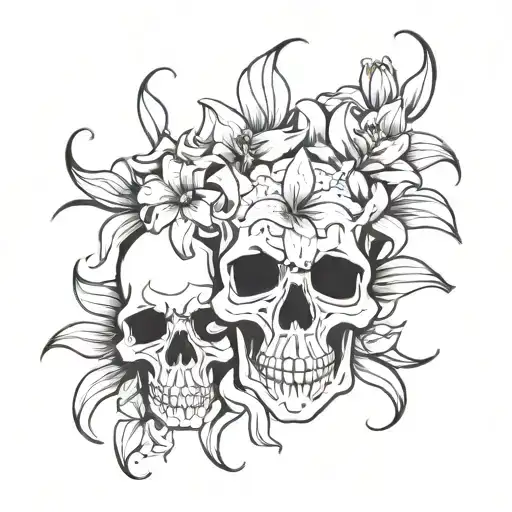 beautiful  skull with spiderlilies intertwined tattoo design idea