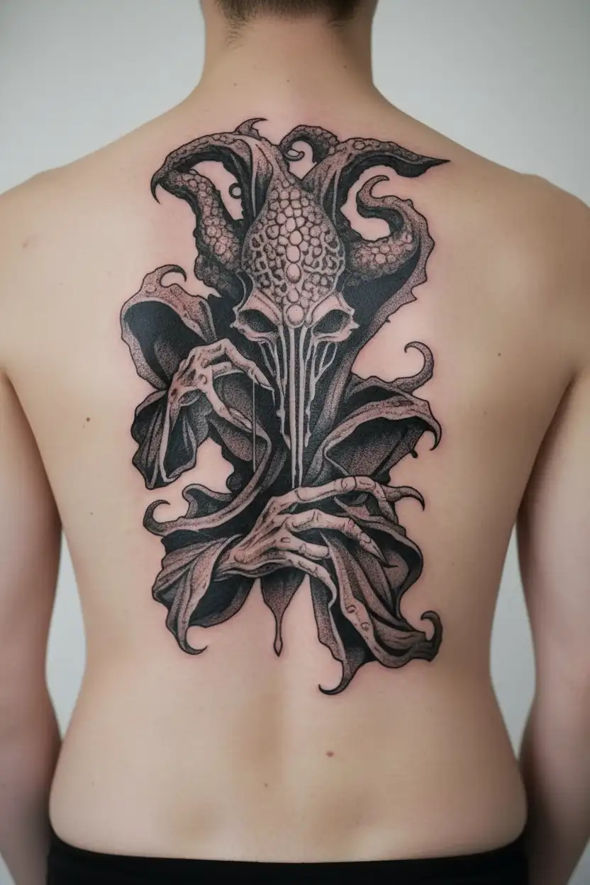 mysterious mind flayer from dnd depicted as a dungeon master tattoo design idea