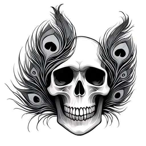 neutral skull 2 peacock feathers with snow flakes line art tribal tattoo design idea