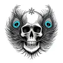 neutral skull 2 peacock feathers with snow flakes line art tribal tattoo design idea