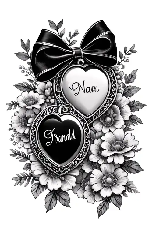 nan and grandad name in each locket with bow on top around flowers tattoo design idea
