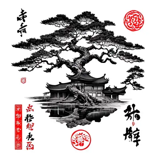 Korean traditional style tattoo featuring sonamoo tree and hanok tattoo design idea