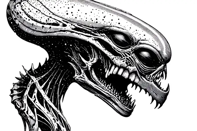 Alien Romulus 2024 with an open frightening mouth in space tattoo design idea