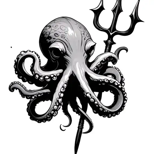 octopus holding a Trident with tentacle  tattoo design idea