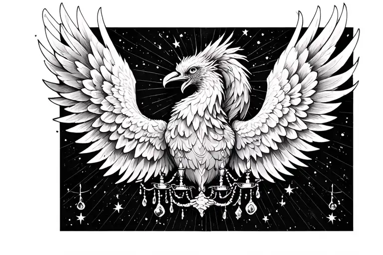 create for me a tattoo design of Phoenix or dark angel wings with finelines, and chandelier detail with star accents for tattoo design idea