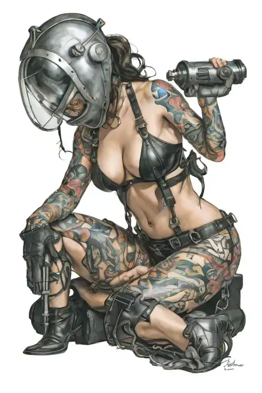 sexy pin up donning welding mask and lingerie, big, round ass,  over on her knees using torch, she's very fit. not weird tattoo design idea