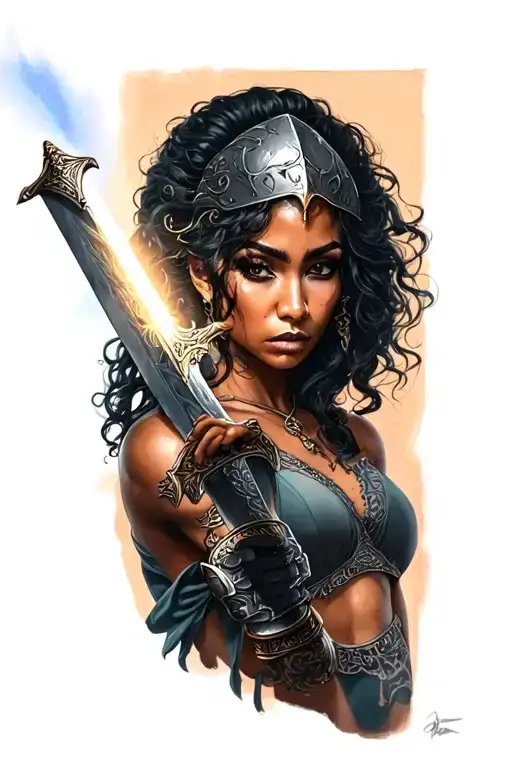 black woman good with steal helmat holding a light sword in one hand tattoo design idea