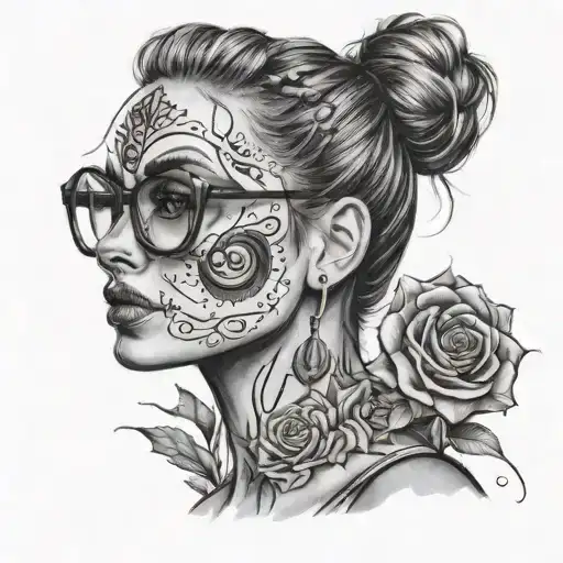 Side profile of beautiful woman, hair in a messy bun, thin framed rectangle glasses. Pointy nose. Sugar skull face paint tattoo design idea