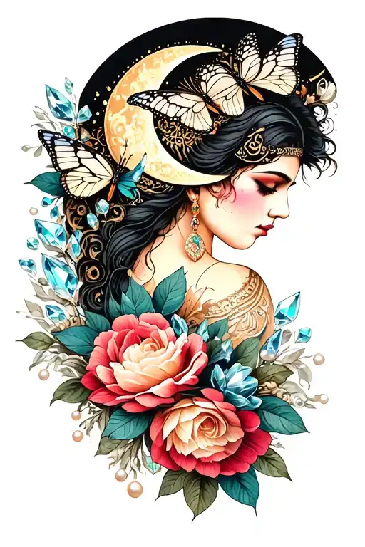 ancient Babylonian goddess profile, waxing crescent moon, pearls, butterfly, crystals, 11, esoteric tattoo design idea