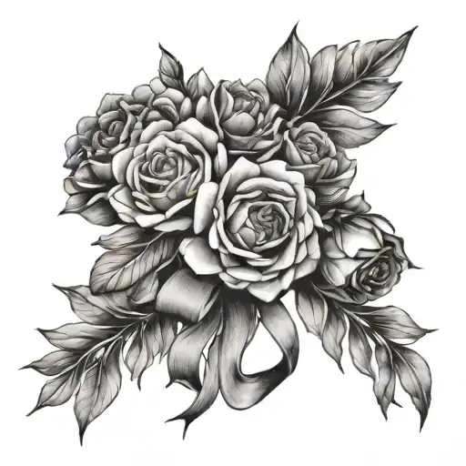 birth month bouquet tied with a ribbon, February, April, May, and December tattoo design idea
