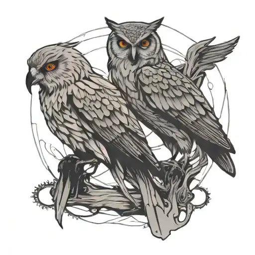 Create a minimalistic line tattoo design of an intertwined owl and a crow on top of one another with aspects of Jinx an tattoo design idea