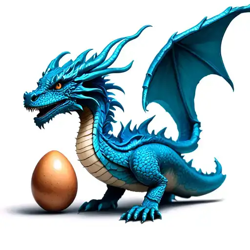 A blue dragon that is hatching. The tail is small and in the egg, the body gets progressively bigger as an allegory to g tattoo design idea