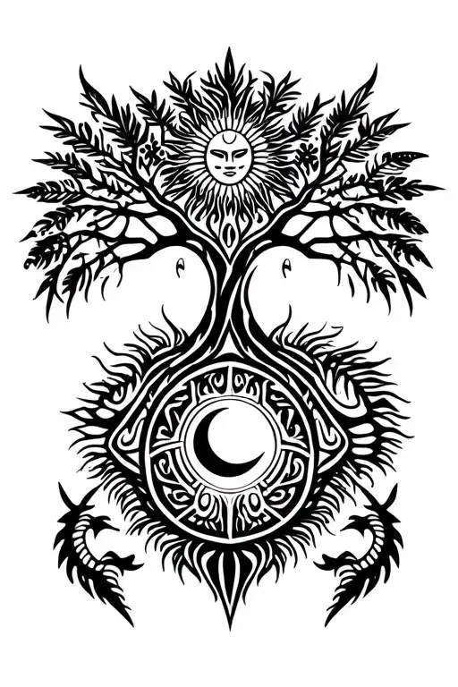 tribal design including army elements, tree of life, dna strand, goddess sun and moon in cente, dragon, hawaiian islands tattoo design idea
