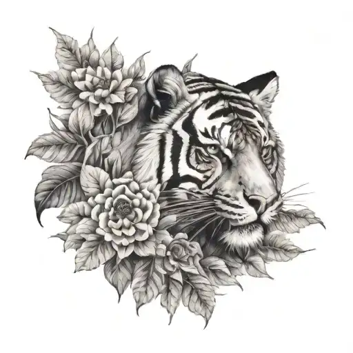 Tiger emerging from various flowers and leaves with its face turned diagonally and its left paw reaching between the plants tattoo design idea