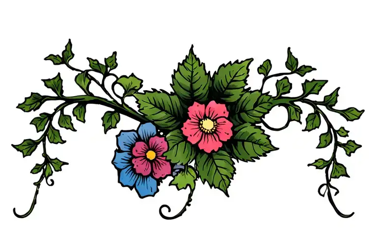 ivy vine wrapping around upper arm and going across shoulders to other upper arm with 3 flowers in middle of back  tattoo design idea