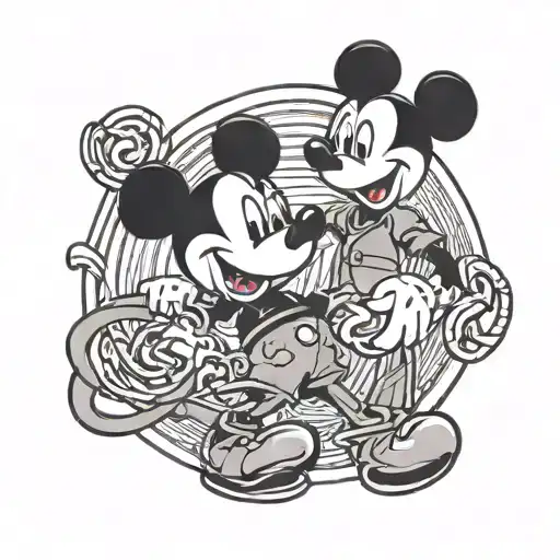 Mickey Mouse holding a dog leash around goofy's neck tattoo design idea