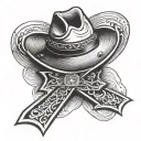 cross with a cowboy hat sitting tattoo design idea