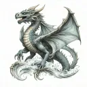 Hyper Realistic Dragon, full body view, Both Wings Open, Facing towards me, Background with mystic waves. tattoo design idea