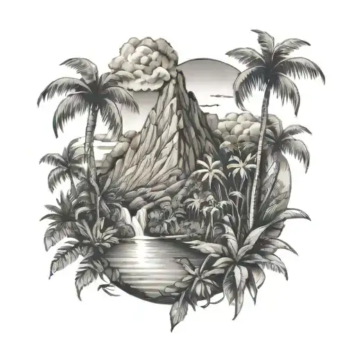 tropical mountain scene tattoo design idea
