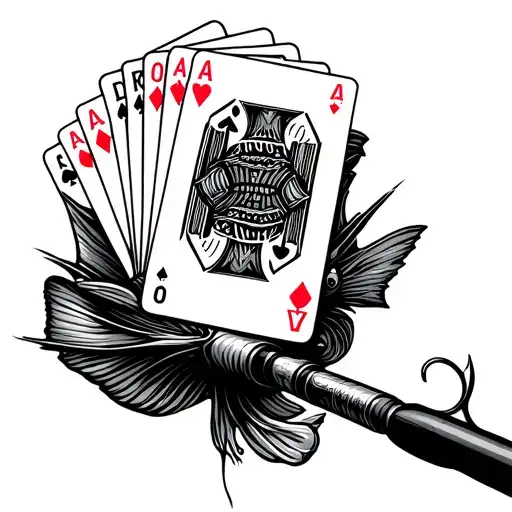 fishing rod holding a deck of Neapolitan cards on the hook tattoo design idea