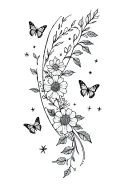 PATCHWORK half sleeve for forearm with flowers, leaves and butterflies /twinkly stars.  tattoo design idea