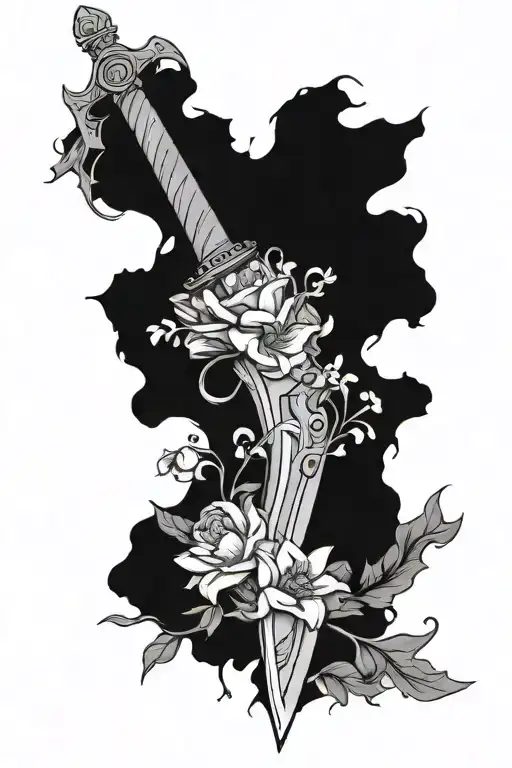 Make a tattoo of Finn’s demon sword from adventure time with carnations and snowdrops growing around the hilt tattoo design idea