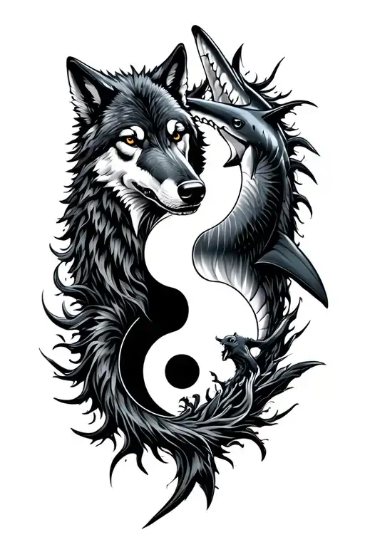 A wolf and shark intertwined in a yin-yang symbol, symbolizing balance and harmony between two powerful animals tattoo design idea